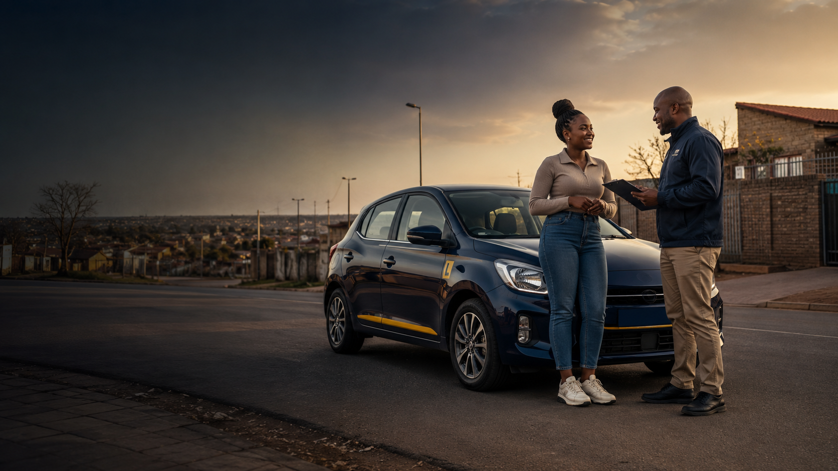A learner driver speaking with an instructor beside a training vehicle in Soweto